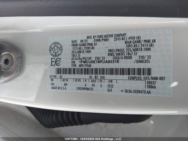Aukcja sprzedaży 2023 Ford Escape, vin: 1FMCU0E18PUA93318, numer aukcji: 12473390