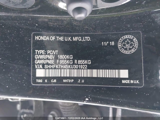 SHHFK7H45KU301922 Honda Civic Sport
