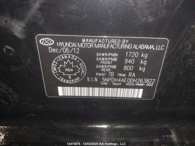 12473678 :رقم المزاد ، 5NPDH4AE0DH263822 vin ، 2013 Hyundai Elantra Gls/limited مزاد بيع
