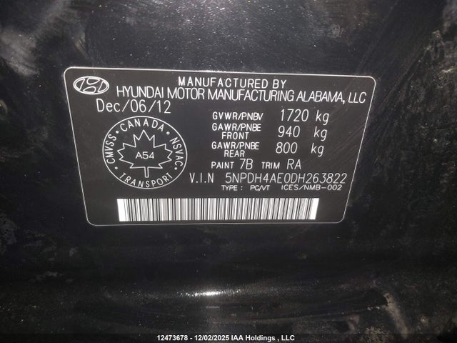 12473678 :رقم المزاد ، 5NPDH4AE0DH263822 vin ، 2013 Hyundai Elantra Gls/limited مزاد بيع