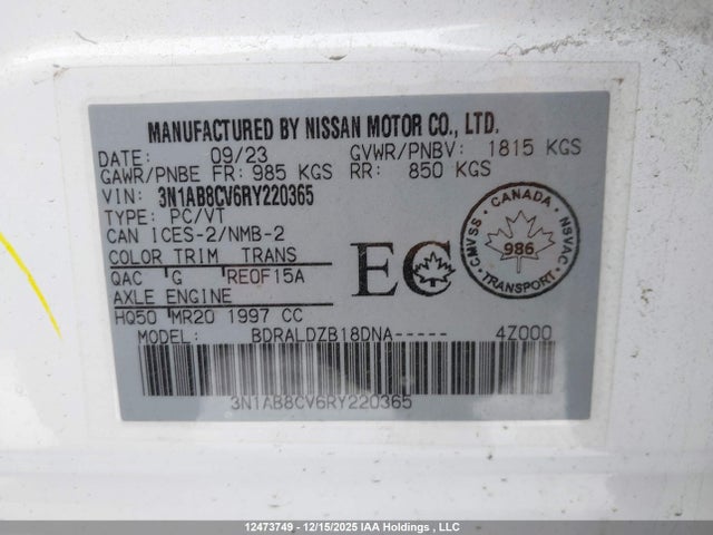 3N1AB8CV6RY220365 Nissan SENTRA SV