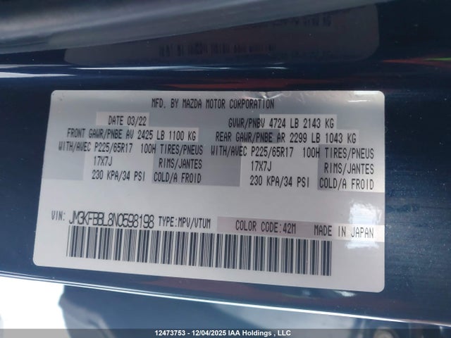 Aukcja sprzedaży 2022 Mazda Cx-5 Gx, vin: JM3KFBBL8N0598198, numer aukcji: 12473753