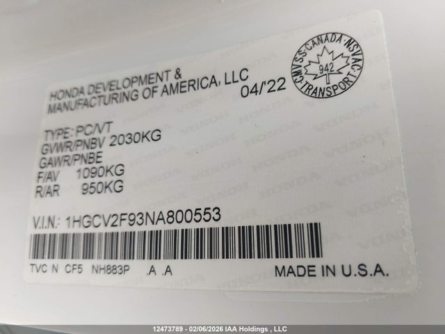 1HGCV2F93NA800553 Honda Accord Touring