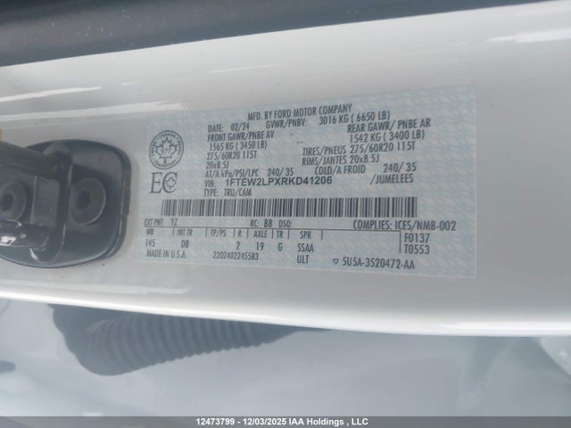 12473799 :رقم المزاد ، 1FTEW2LPXRKD41206 vin ، 2024 Ford F150 Stx مزاد بيع