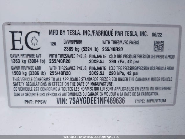7SAYGDEE1NF469636 Tesla Model Y