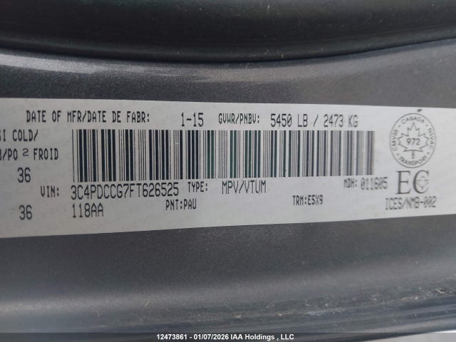 Aukcja sprzedaży 2015 Dodge Journey Sxt, vin: 3C4PDCCG7FT626525, numer aukcji: 12473861