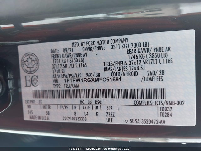 2021 Ford F-150 Raptor მანქანა იყიდება აუქციონზე, vin: 1FTFW1RGXMFC51691, აუქციონის ნომერი: 12473911