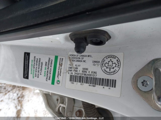 12473943 :رقم المزاد ، 2HGFC2F88JH001017 vin ، 2018 Honda Civic Ex 4dr مزاد بيع