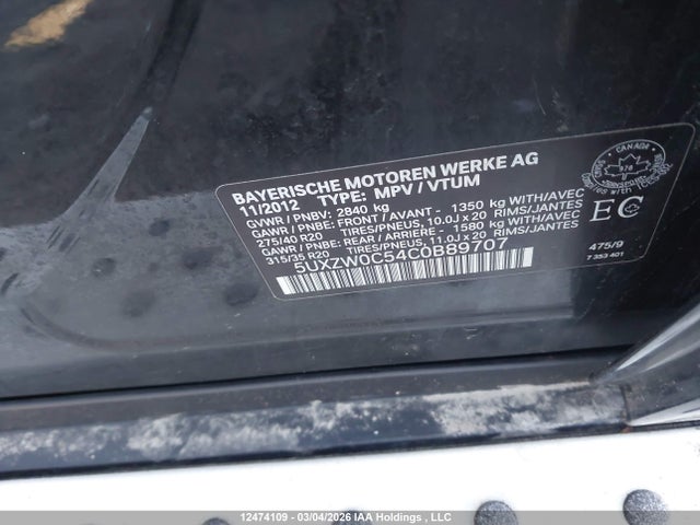 12474109 :رقم المزاد ، 5UXZW0C54C0B89707 vin ، 2012 Bmw X5 Xdrive35d مزاد بيع