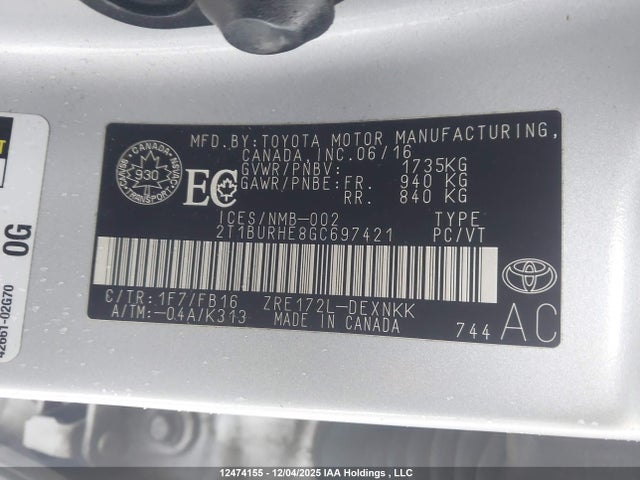 Toyota 2zr-fe 2016 2T1BURHE8GC697421 Image 9