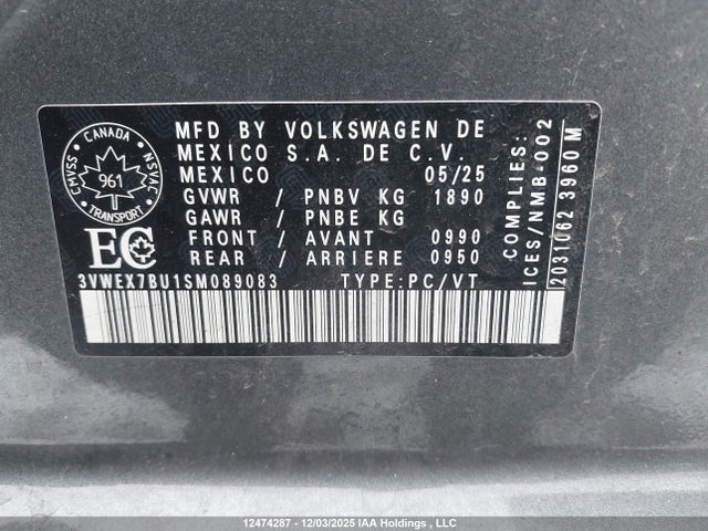 Продаж на аукціоні авто 2025 Volkswagen Jetta Comfortline, vin: 3VWEX7BU1SM089083, номер лоту: 12474287