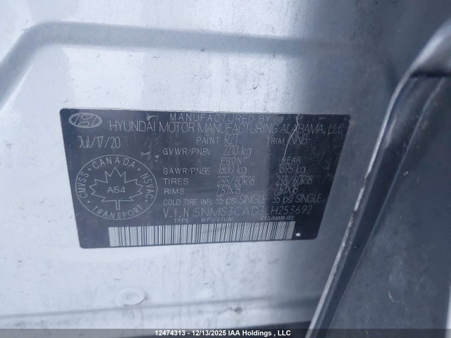 12474313 :رقم المزاد ، 5NMS3CAD3LH253692 vin ، 2020 Hyundai Santa Fe Preferred Awd With Sun And Leather Package مزاد بيع