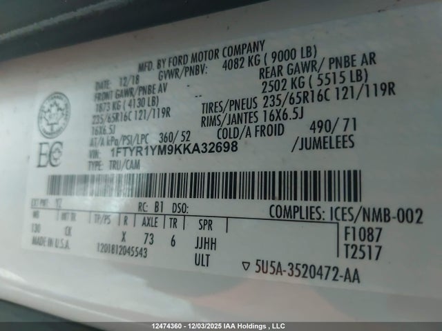 12474360 :رقم المزاد ، 1FTYR1YM9KKA32698 vin ، 2019 Ford Transit T-250 مزاد بيع