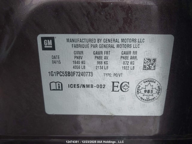 2015 Chevrolet Cruze Lt მანქანა იყიდება აუქციონზე, vin: 1G1PC5SB0F7240773, აუქციონის ნომერი: 12474381