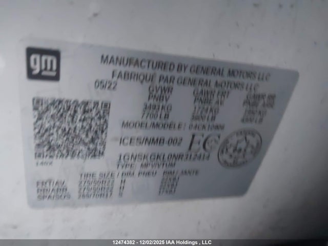 1GNSKGKL0NR312414 Chevrolet Suburban High Country