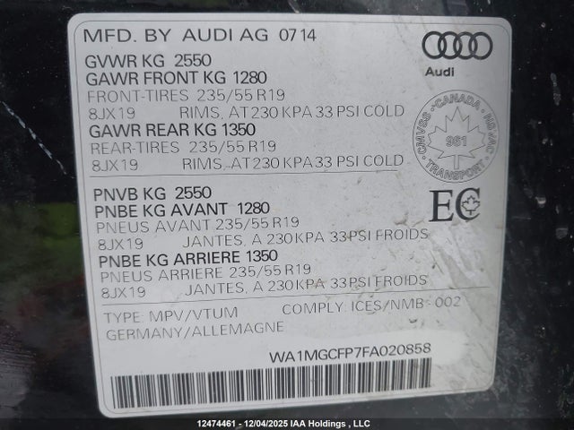 Aukcja sprzedaży 2015 Audi Q5 3.0t Technik, vin: WA1MGCFP7FA020858, numer aukcji: 12474461
