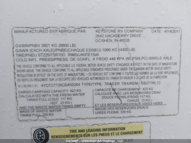 Продаж на аукціоні авто 2011 Keystone Outback, vin: 4YDT27726CB450264, номер лоту: 12474467