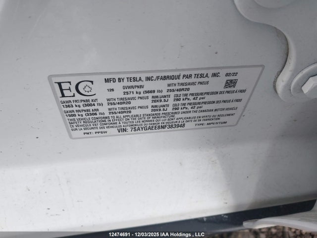 Aukcja sprzedaży 2022 Tesla Model Y Long Range, vin: 7SAYGAEE8NF383948, numer aukcji: 12474691