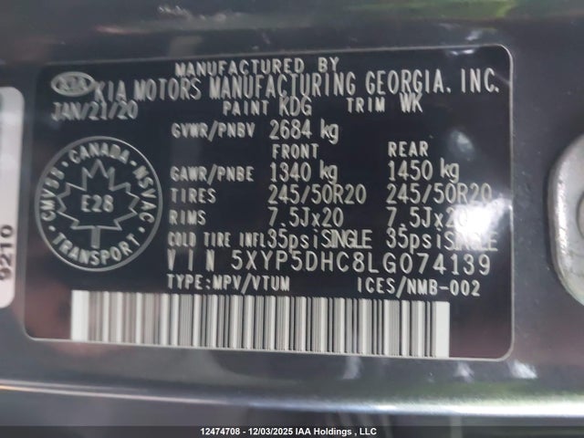 5XYP5DHC8LG074139 KIA Telluride Sx/sx Limited/sx Limited W/nappa