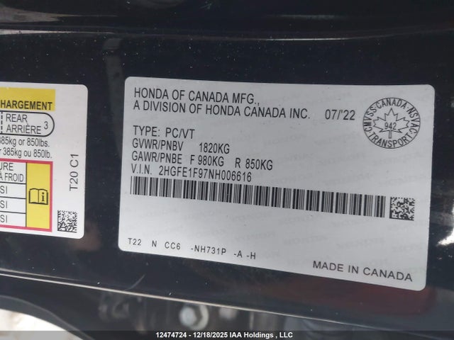 2HGFE1F97NH006616 Honda Civic Touring