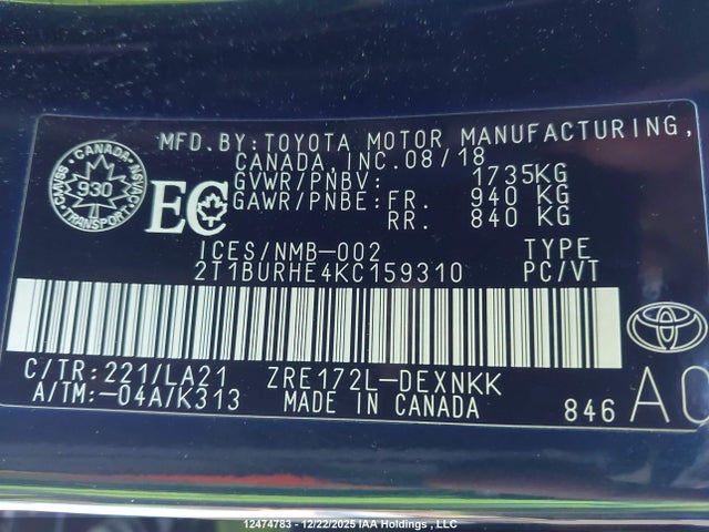 Aukcja sprzedaży 2019 Toyota Corolla L/le/xle/se/xse, vin: 2T1BURHE4KC159310, numer aukcji: 12474783