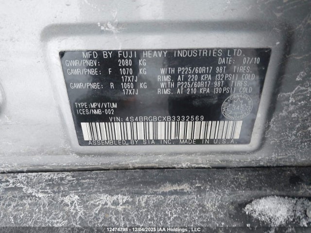 Aukcja sprzedaży 2011 Subaru Legacy Outback, vin: 4S4BRGBCXB3332569, numer aukcji: 12474798