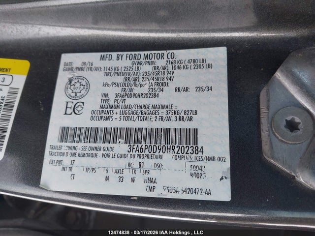 12474838 :رقم المزاد ، 3FA6P0D90HR202384 vin ، 2017 Ford Fusion Titanium مزاد بيع