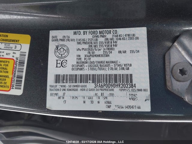 12474838 :رقم المزاد ، 3FA6P0D90HR202384 vin ، 2017 Ford Fusion Titanium مزاد بيع