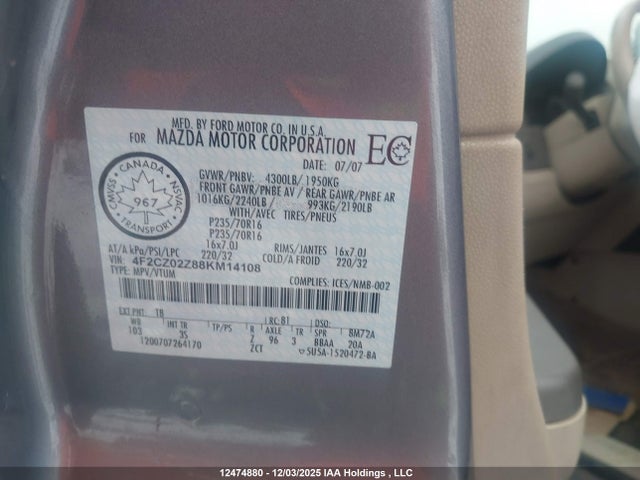 Aukcja sprzedaży 2008 Mazda Tribute I, vin: 4F2CZ02Z88KM14108, numer aukcji: 12474880