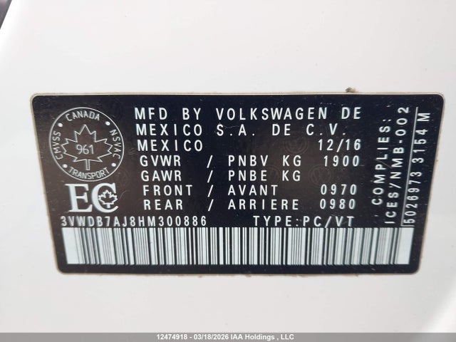 Продаж на аукціоні авто 2017 Volkswagen Jetta Sedan, vin: 3VWDB7AJ8HM300886, номер лоту: 12474918