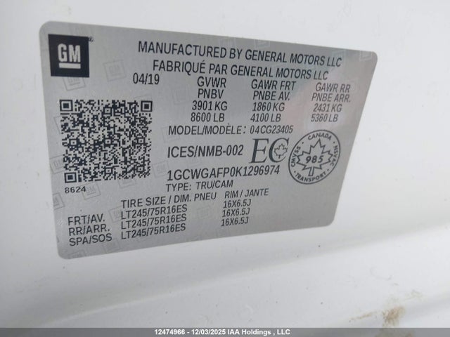 Auction sale of the 2019 Chevrolet Express G2500, vin: 1GCWGAFP0K1296974, lot number: 12474966