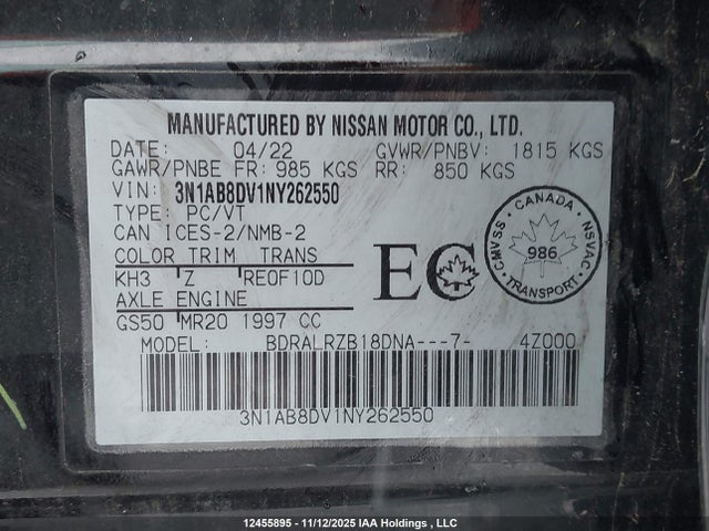 3N1AB8DV1NY262550 Nissan Sentra
