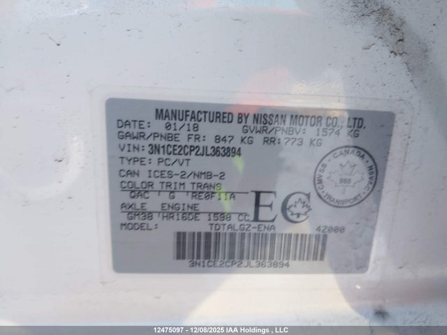 2018 Nissan Versa Note 1.6 S/1.6 Sr/1.6 Sv მანქანა იყიდება აუქციონზე, vin: 3N1CE2CP2JL363894, აუქციონის ნომერი: 12475097