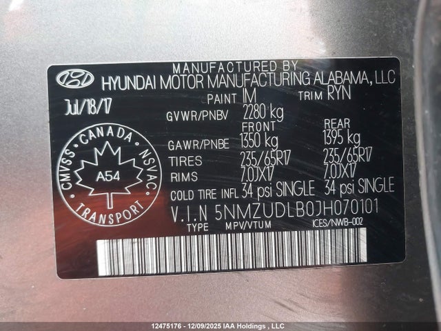 5NMZUDLB0JH070101 Hyundai SANTA FE SPORT