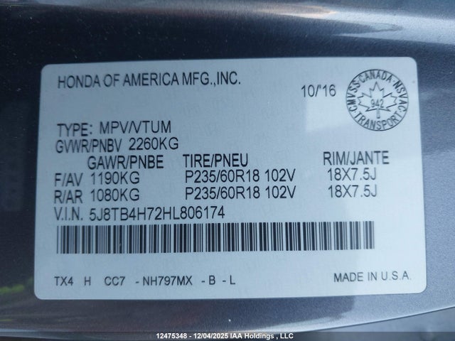 5J8TB4H72HL806174 Acura Rdx Advance