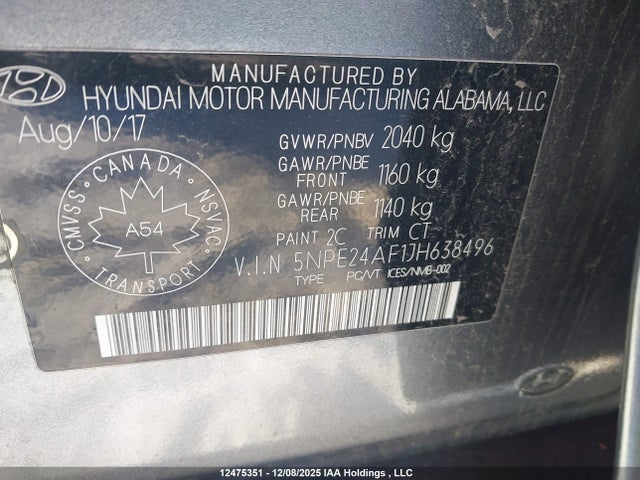 Aukcja sprzedaży 2018 Hyundai Sonata Gl, vin: 5NPE24AF1JH638496, numer aukcji: 12475351