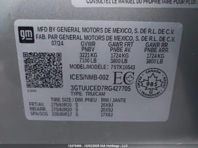 12475400 :رقم المزاد ، 3GTUUCED7RG427705 vin ، 2024 Gmc Sierra 1500 Elevation مزاد بيع