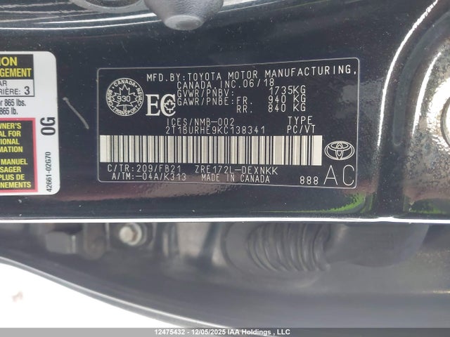 12475432 :رقم المزاد ، 2T1BURHE9KC138341 vin ، 2019 Toyota Corolla مزاد بيع