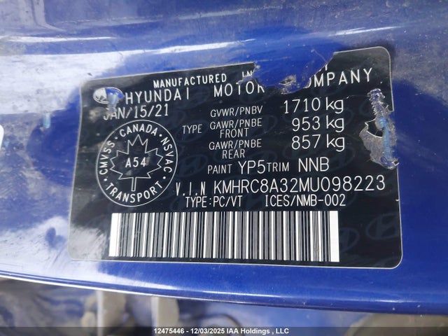 12475446 :رقم المزاد ، KMHRC8A32MU098223 vin ، 2021 Hyundai Venue Preferred مزاد بيع