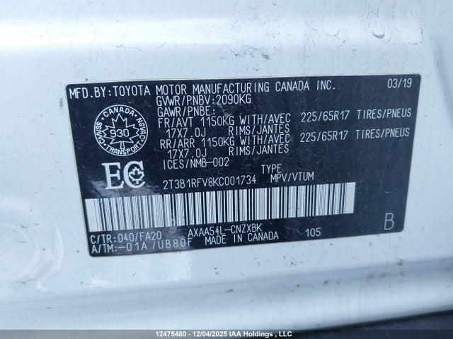 2019 Toyota Rav4 Le მანქანა იყიდება აუქციონზე, vin: 2T3B1RFV8KC001734, აუქციონის ნომერი: 12475480