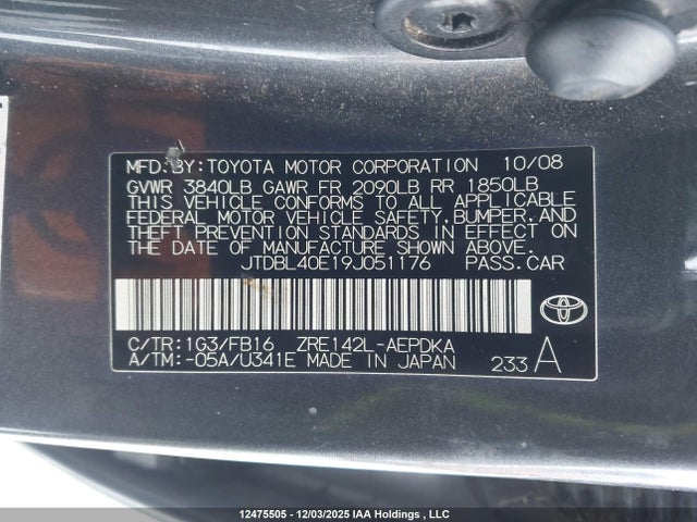 12475505 :رقم المزاد ، JTDBL40E19J051176 vin ، 2009 Toyota Corolla Le/xle مزاد بيع