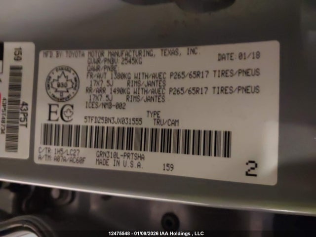 5TFDZ5BN3JX031555 Toyota Tacoma Dbl Cab/sr5/trd Sport/or