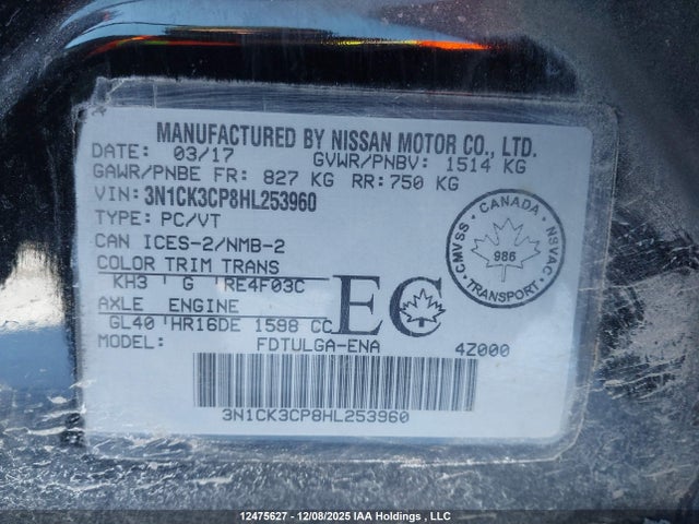 3N1CK3CP8HL253960 Nissan Micra