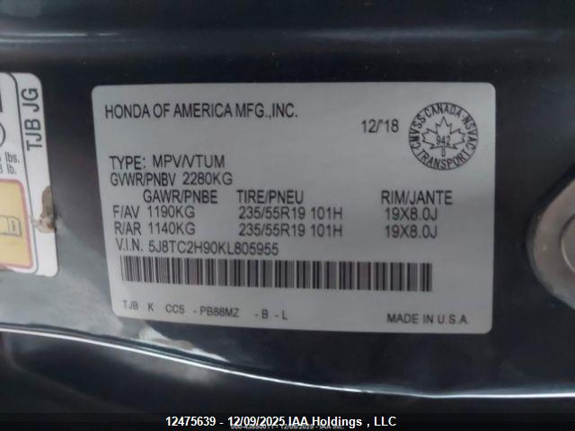 12475639 :رقم المزاد ، 5J8TC2H90KL805955 vin ، 2019 Acura Rdx Platinum Elite مزاد بيع