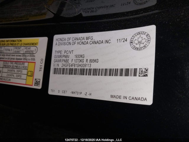 Продаж на аукціоні авто 2025 Honda Civic Hybrid, vin: 2HGFE4F81SH009113, номер лоту: 12475722