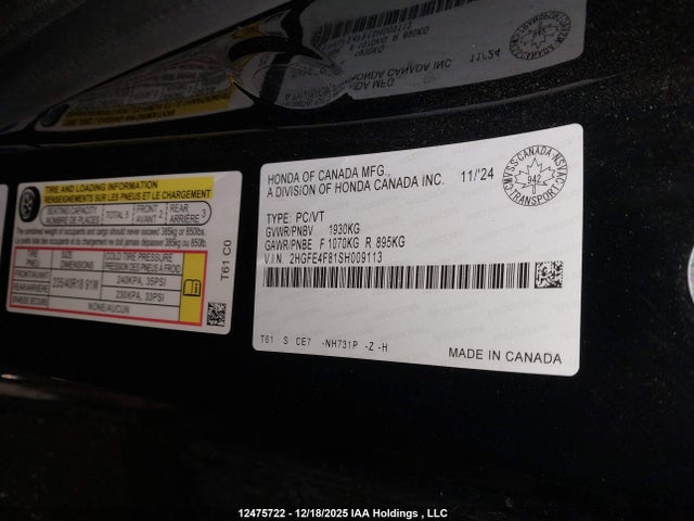 Продаж на аукціоні авто 2025 Honda Civic Hybrid, vin: 2HGFE4F81SH009113, номер лоту: 12475722