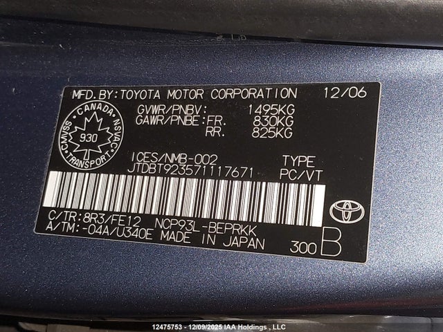 Aukcja sprzedaży 2007 Toyota Yaris, vin: JTDBT923571117671, numer aukcji: 12475753
