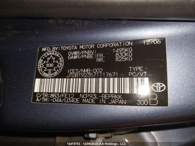 Aukcja sprzedaży 2007 Toyota Yaris, vin: JTDBT923571117671, numer aukcji: 12475753