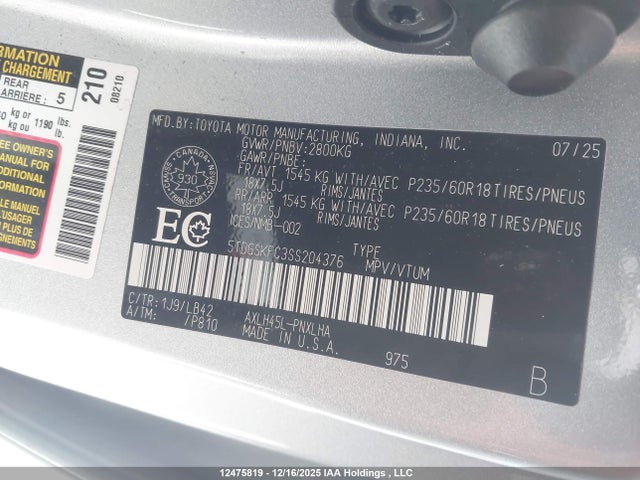 5TDGSKFC3SS204376 Toyota Sienna Limited 7-passenger