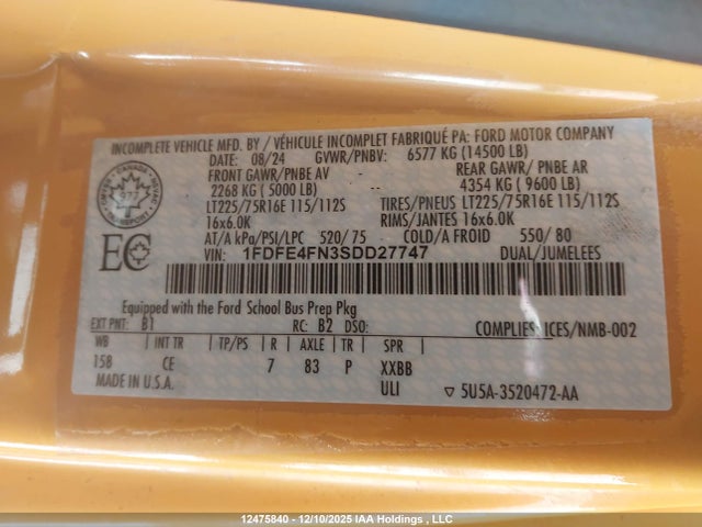 12475840 :رقم المزاد ، 1FDFE4FN3SDD27747 vin ، 2025 Ford E-450 Cutaway مزاد بيع